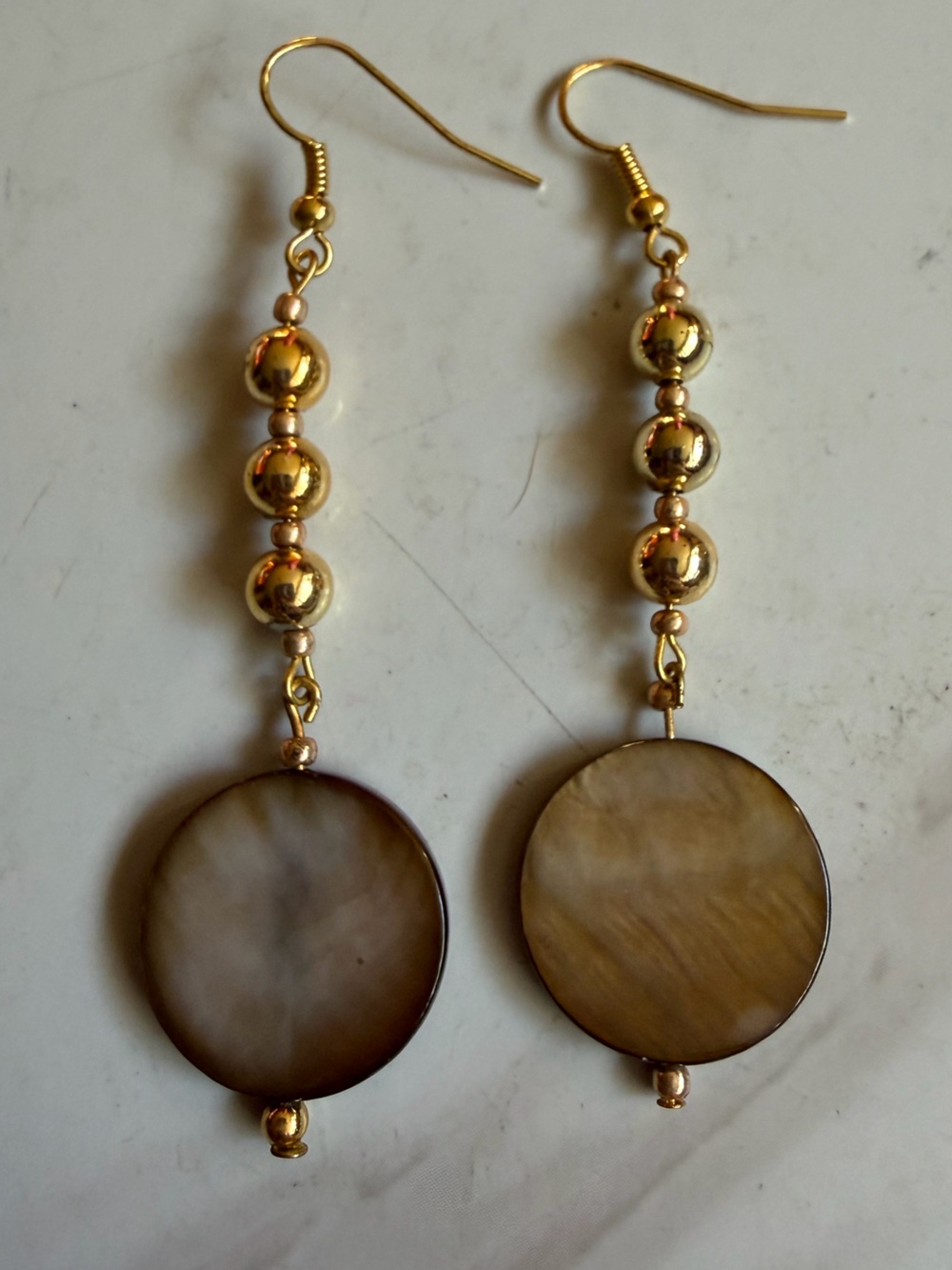 2/$25 Gold-Tone Beaded Drop Earrings with Brown Shell Discs
